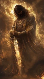 Solemn warrior of light stands engulfed in sacred fire