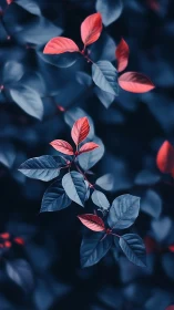 Crimson leaves glow against deep blue foliage background.