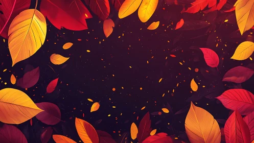 Autumn leaves encircle dark background in radial composition