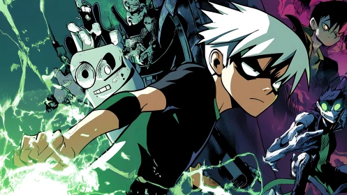 Masked white-haired hero launches green energy attack forward