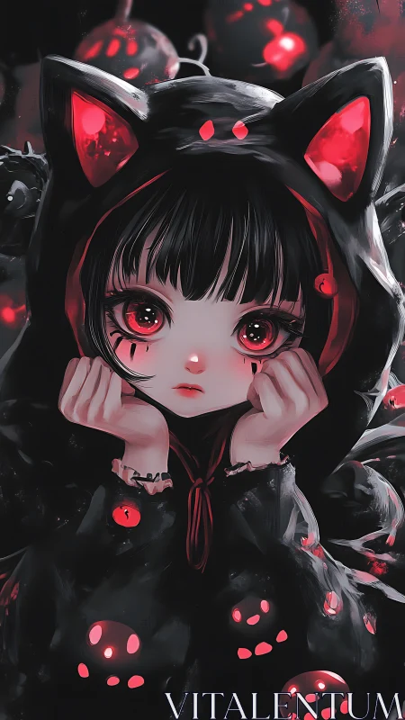 Gothic chibi girl in glowing cat hooded cloak at night.