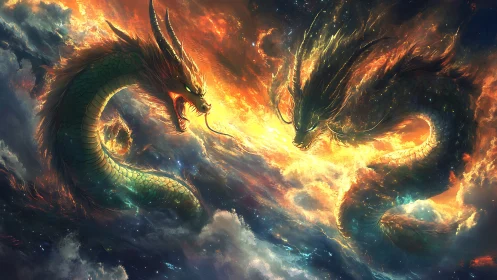 Skyborne dragon twins bend storms into blazing halos