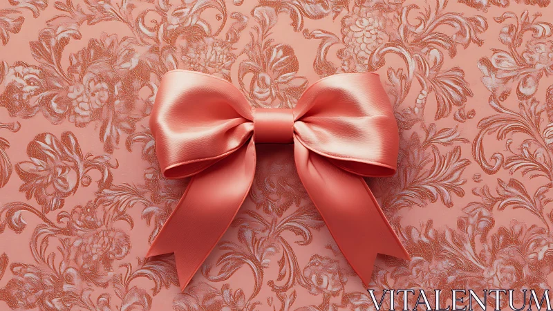 Three-dimensional silk ribbon bow with bilateral symmetry rendered on ornamental damask background