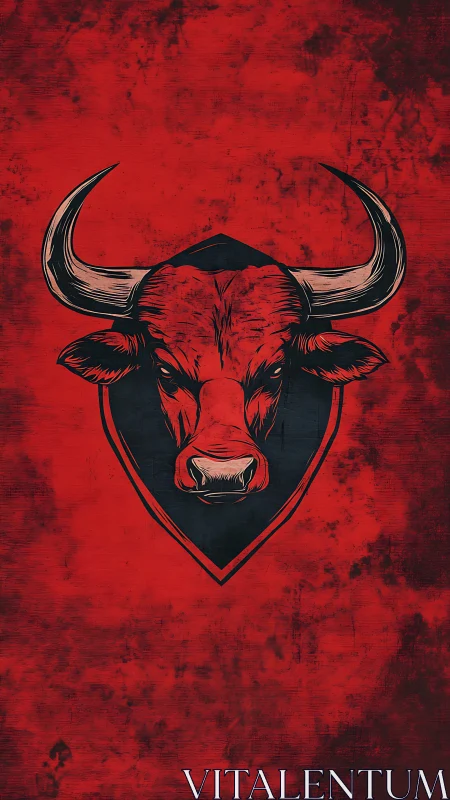 Red grunge bull head emblem on textured background.