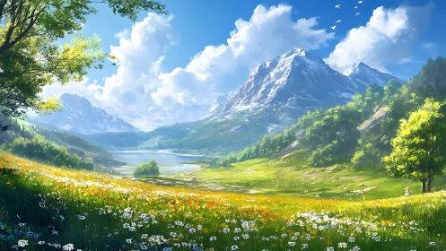 Sunlit wildflower valley opening toward bright alpine peaks.