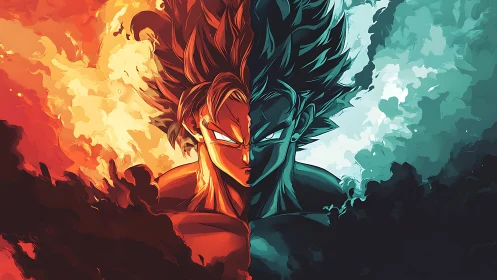 Fiery and icy warrior portrait splits elemental power.