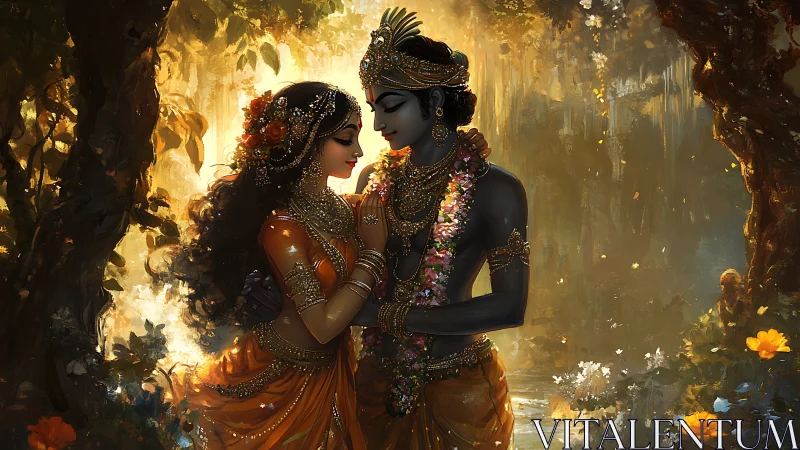 Divine couple embracing in luminous forest glade, jeweled attire