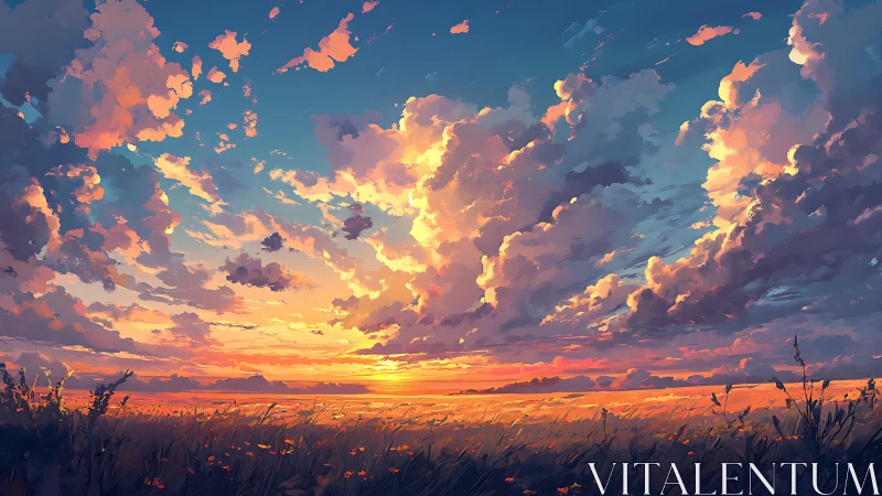 Sunset sky illuminates expansive field with dense clouds