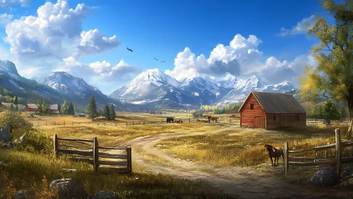 Rural valley landscape shows fenced pasture and distant peaks