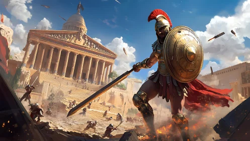 Bronze-clad Greek warrior defending temple under fiery siege.