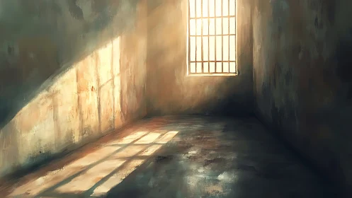 Sunlit barred window casting grid shadows in empty room.