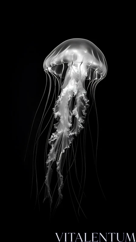 Translucent jellyfish drifts in stark monochrome void.