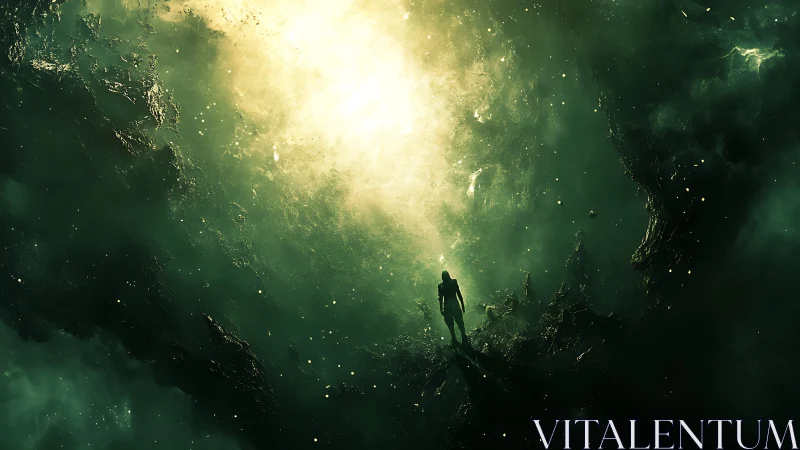 Lone astronaut before luminous cosmic rift in nebula space.