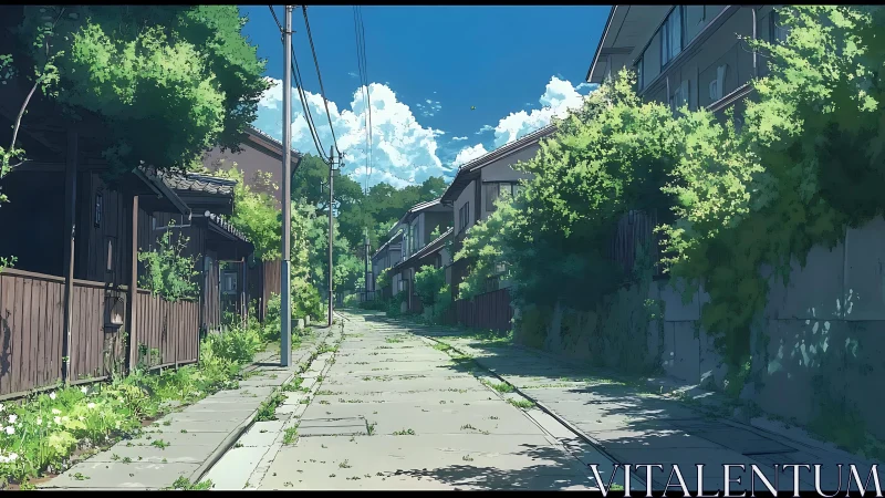 Quiet sunlit alley shows overgrown summer foliage and homes