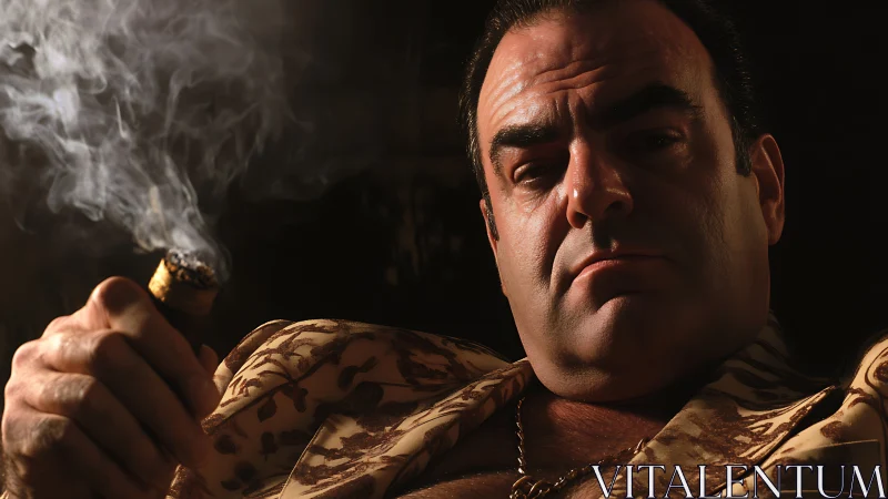 Moody portrait of smoking man in patterned jacket.