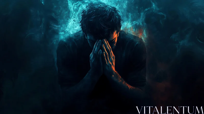 Solitary figure bows in quiet struggle within swirling light