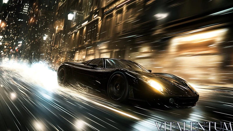 Midnight hypercar races through neon-lit wet city streets.