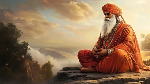 Mountain mystic in sunrise meditation above drifting clouds.