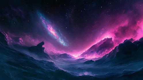 Cosmic ocean under neon nebula sky on alien world.