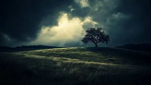 Solitary tree on windswept hill under dark storm clouds.