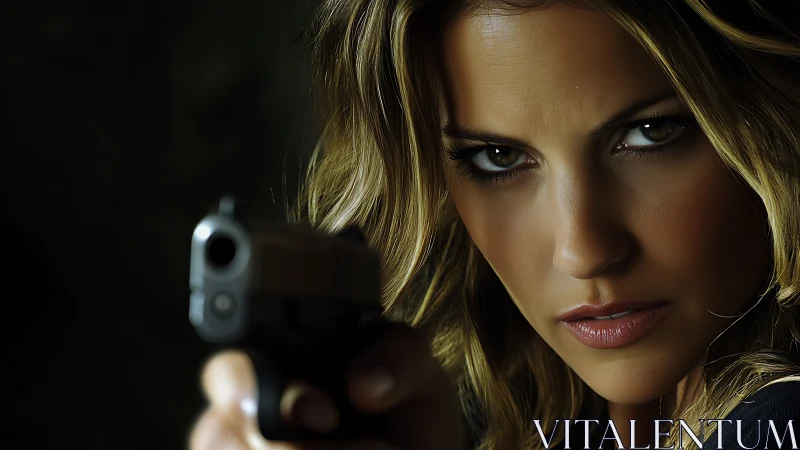 Tactical close‑up portrait with handgun and shallow depth of field.