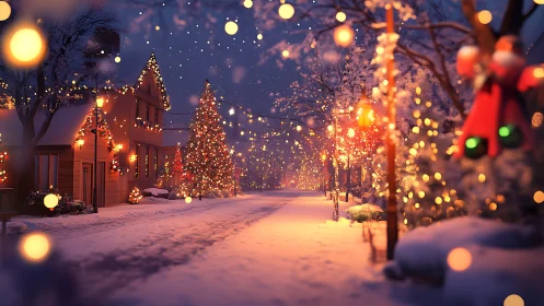 Snowy small-town street glowing with festive holiday lights.