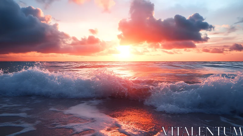 Sunlit surf horizon with chromatic evening cloud structure.