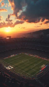 Sunset stadium cauldron beneath glowing stormlit sky.