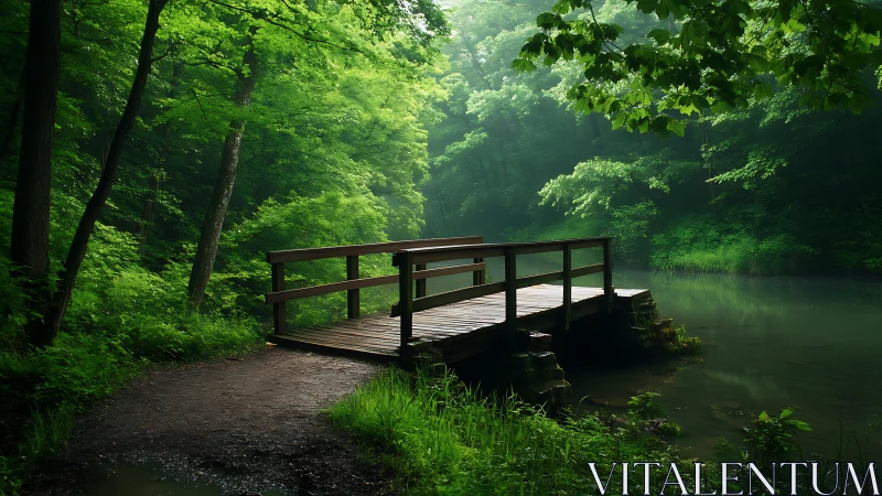 Wooden footbridge over misty forest pond in tranquil morning light.