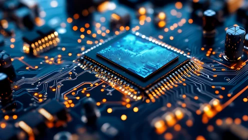 Glowing circuit board city where tiny data highways shine.