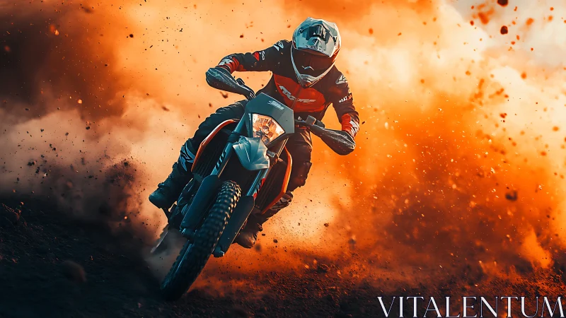 High-speed off-road motorcycle cornering through dense roost plume