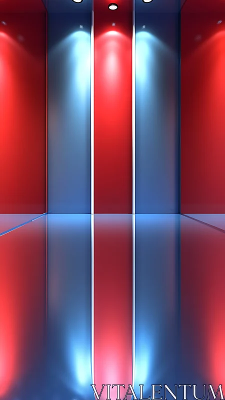 Symmetric corridor with red blue reflective light bands.