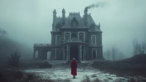 Lonely figure confronts eerie mansion in dense winter fog.