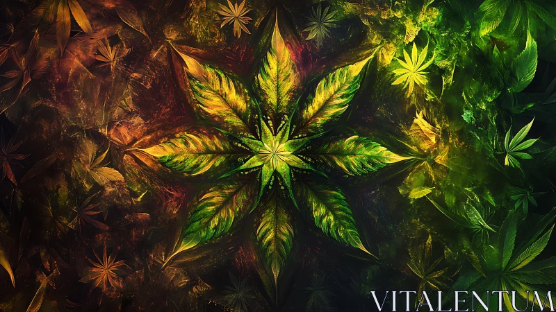Radiant cannabis leaf mandala glows against dark background