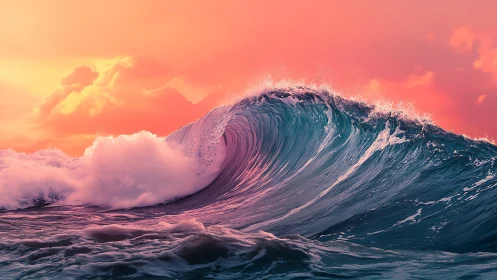 Sunlit turquoise wave curling under glowing coral sky.