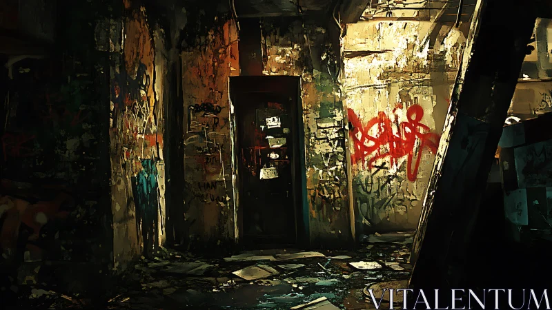 Graffiti-marked derelict corridor is lit by harsh overhead light