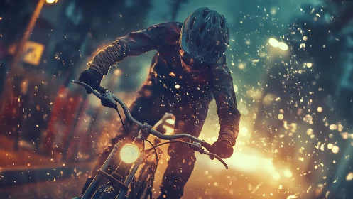 Cyclist rides through wet city street under dramatic night rain