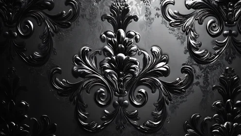 High-relief baroque black floral ornament with glossy reflective surface