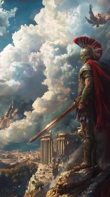 Proud armored warrior calmly watches an ancient city below