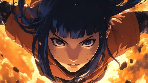 Anime girl diving forward through fiery explosion background