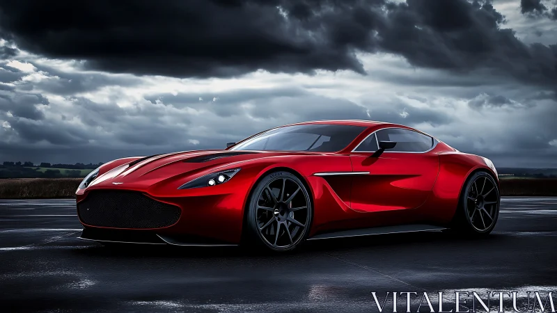 Photorealistic red supercar under storm-lit asphalt skyscape.