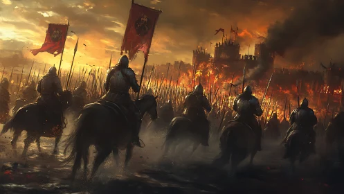 Armored cavalry advancing toward a burning besieged city.