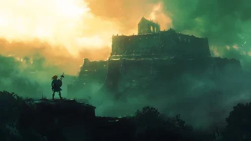 Lone dawnward hero surveying a mist-drowned citadel.