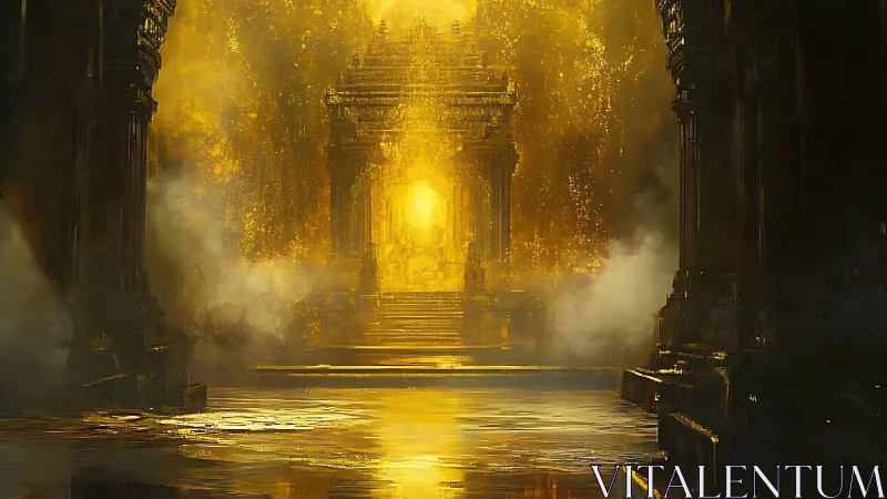 Golden temple gate gleams through mist and ancient ruins.