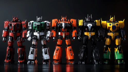 3D lineup of articulated mecha units in high-gloss studio lighting.