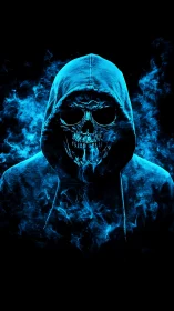 Hooded skull figure in blue smoke on black background.