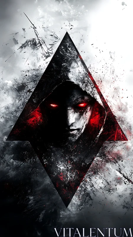 Hooded specter within fractured red triangle vortex.