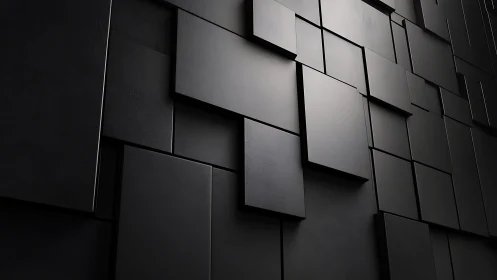 Dark geometric wall of layered black rectangular panels.