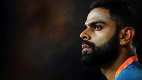 Side-lit cricketer portrait in intense contemplative focus.
