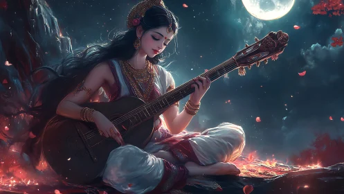 Moonlit goddess strumming a serene, soulful melody.